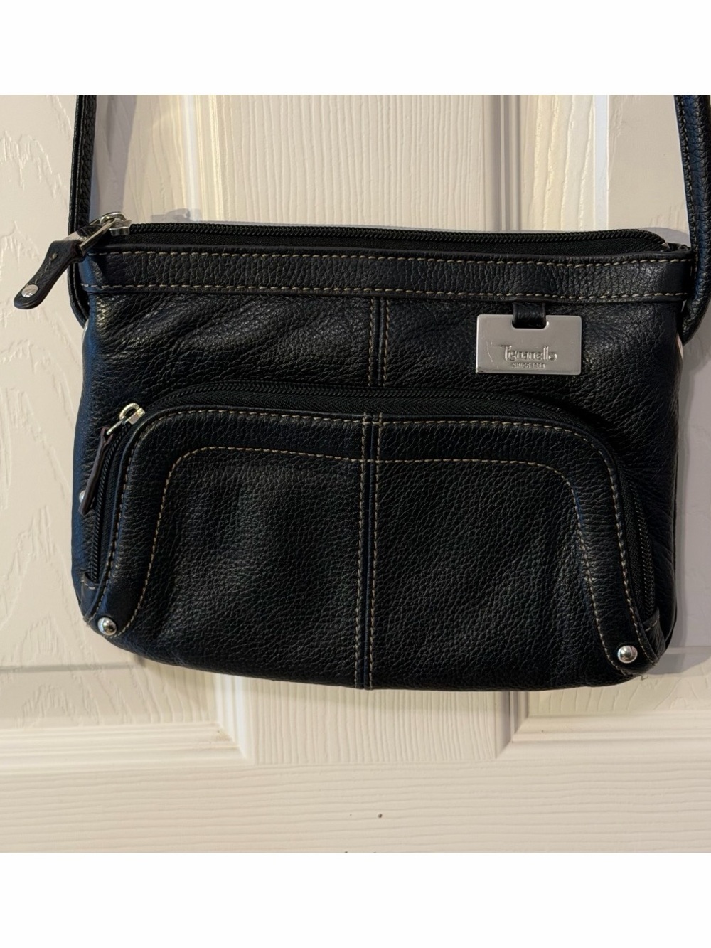 Tignanello Black Pebbled Leather Crossbody with Front Zip Pocket